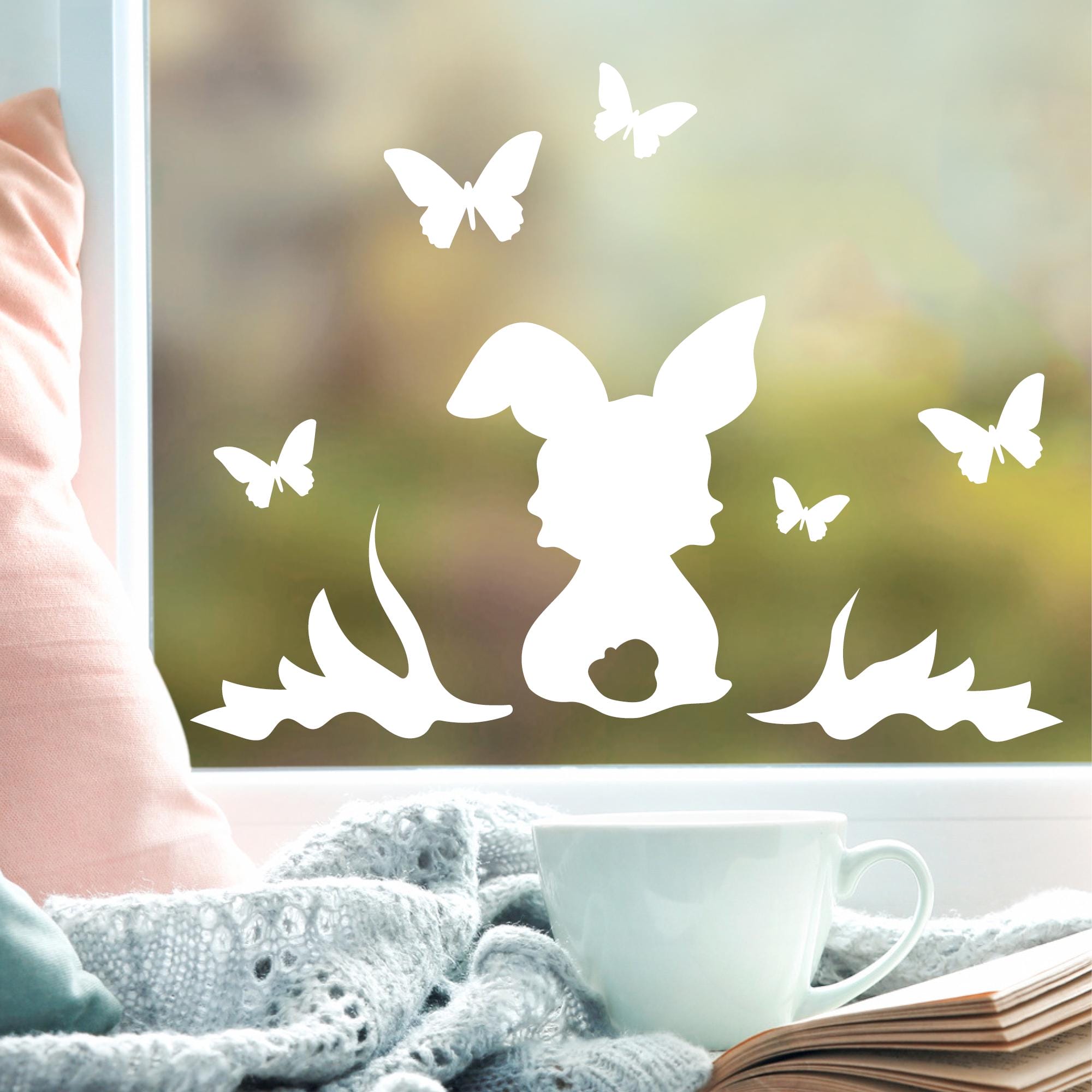 Fensteraufkleber Fensterbild Frühling Osterhase mit Schmetterlingen wiederverwendbar, weiß Frühling 11 Stück im Set, Dekoration Frühling