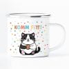 Auf dem Bild ist das Produkt: Campingbecher Komm Fetti Katze lustige Katzentasse Emaille Konfetti Humor bunt Geschenk Geburtstag Karneval Fasching zum Preis von €12.90 abgebildet.