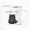 Auf dem Bild ist das Produkt: Campingbecher Komm Fetti Katze lustige Katzentasse Emaille Konfetti Humor bunt Geschenk Geburtstag Karneval Fasching zum Preis von €12.90 abgebildet.