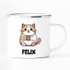 Auf dem Bild ist das Produkt: Campingbecher dicke Katze mit Wunschnamen lustige Katzentasse Emaille Keks Humor Geschenk Geburtstag zum Preis von €12.90 abgebildet.