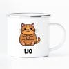 Auf dem Bild ist das Produkt: Campingbecher dicke Katze mit Wunschnamen lustige Katzentasse Emaille Keks Humor Geschenk Geburtstag zum Preis von €12.90 abgebildet.