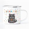 Auf dem Bild ist das Produkt: Campingbecher Komm Fetti Katze lustige Katzentasse Emaille Konfetti Humor bunt Geschenk Geburtstag Karneval Fasching zum Preis von €12.90 abgebildet.