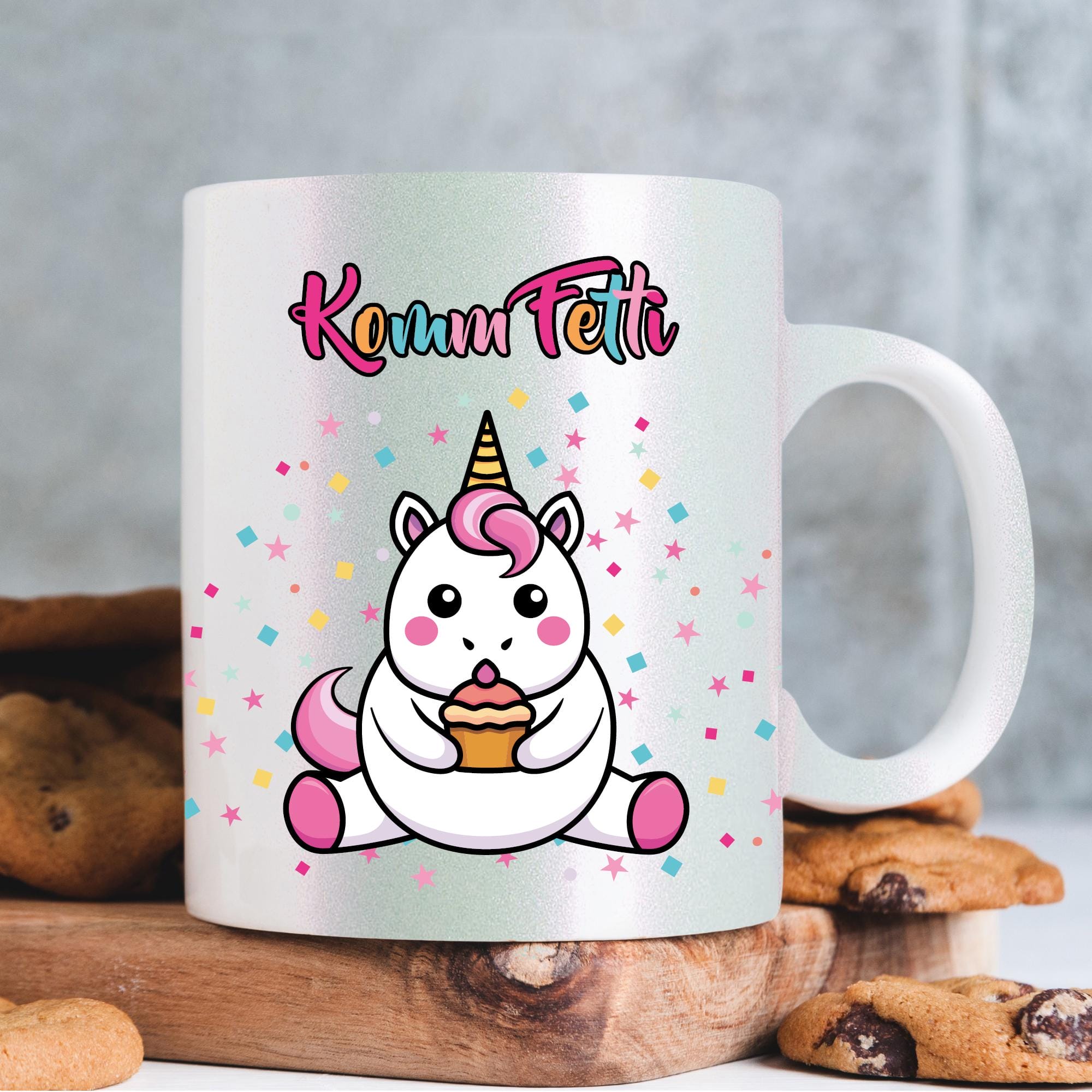 Perlmutt Tasse KommFetti lustige Einhorntasse Keramik Konfetti Humor bunt Geschenk Geburtstag Karneval Fasching Schimmereffekt