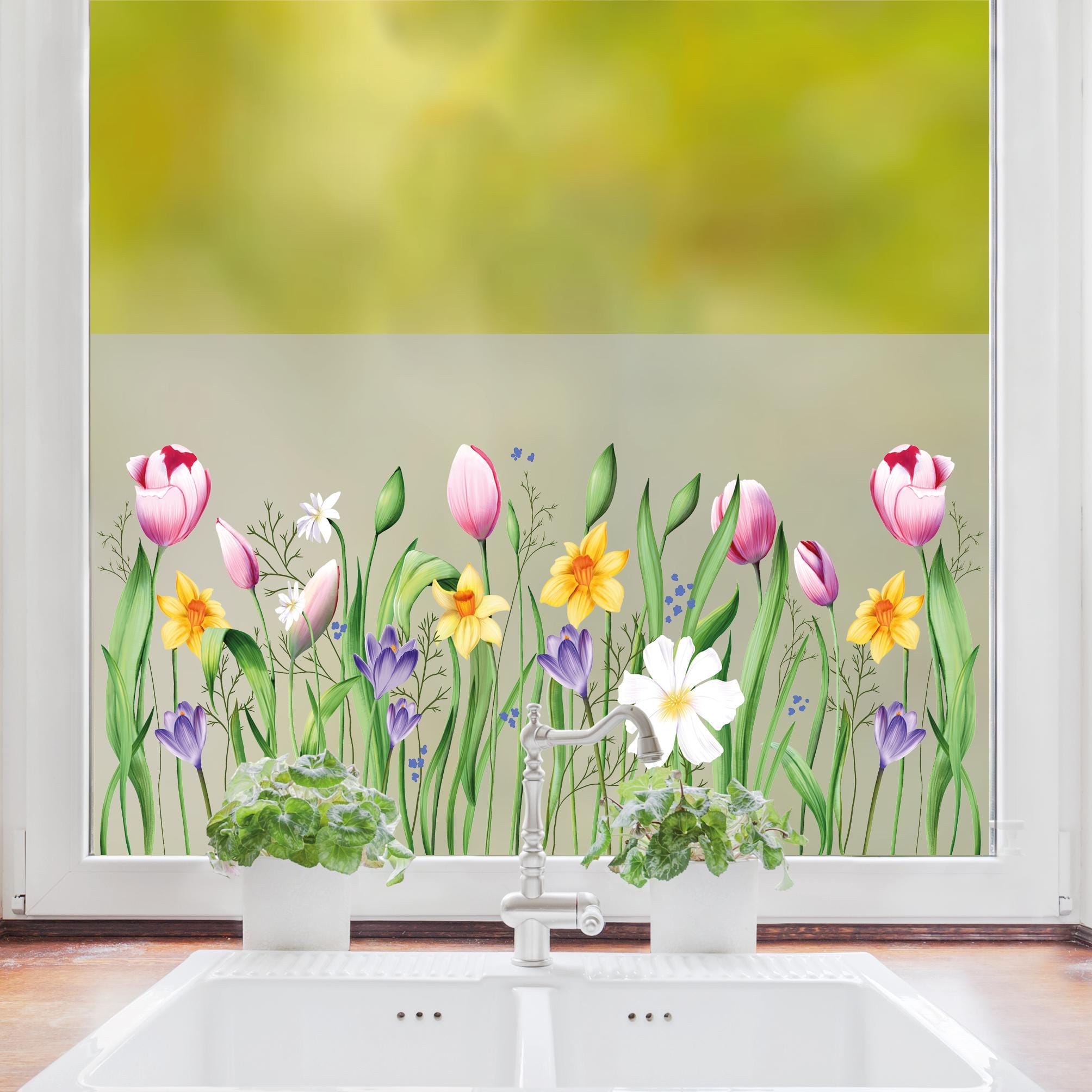 Sichtschutzfolie Frühlingsblumen Tulpen Narzissen Osterglocken Gräser bunt Frühling Wiesenblumen Fensterfolie Fensterdeko Milchglasfolie