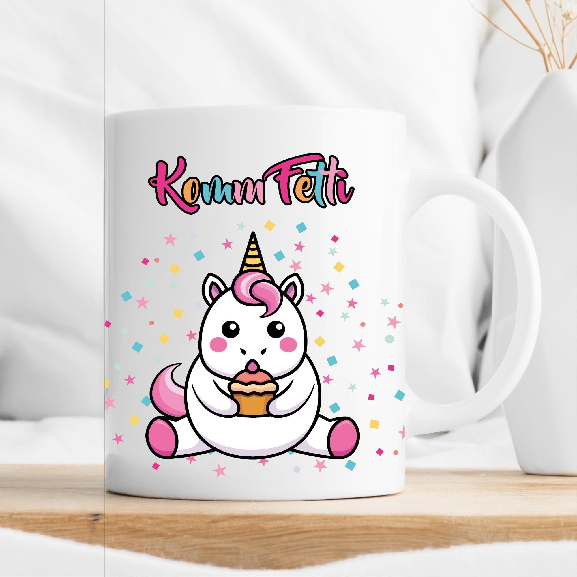 Tasse Komm Fetti lustige Einhorntasse Keramik Konfetti Humor bunt Geschenk Geburtstag Karneval Fasching