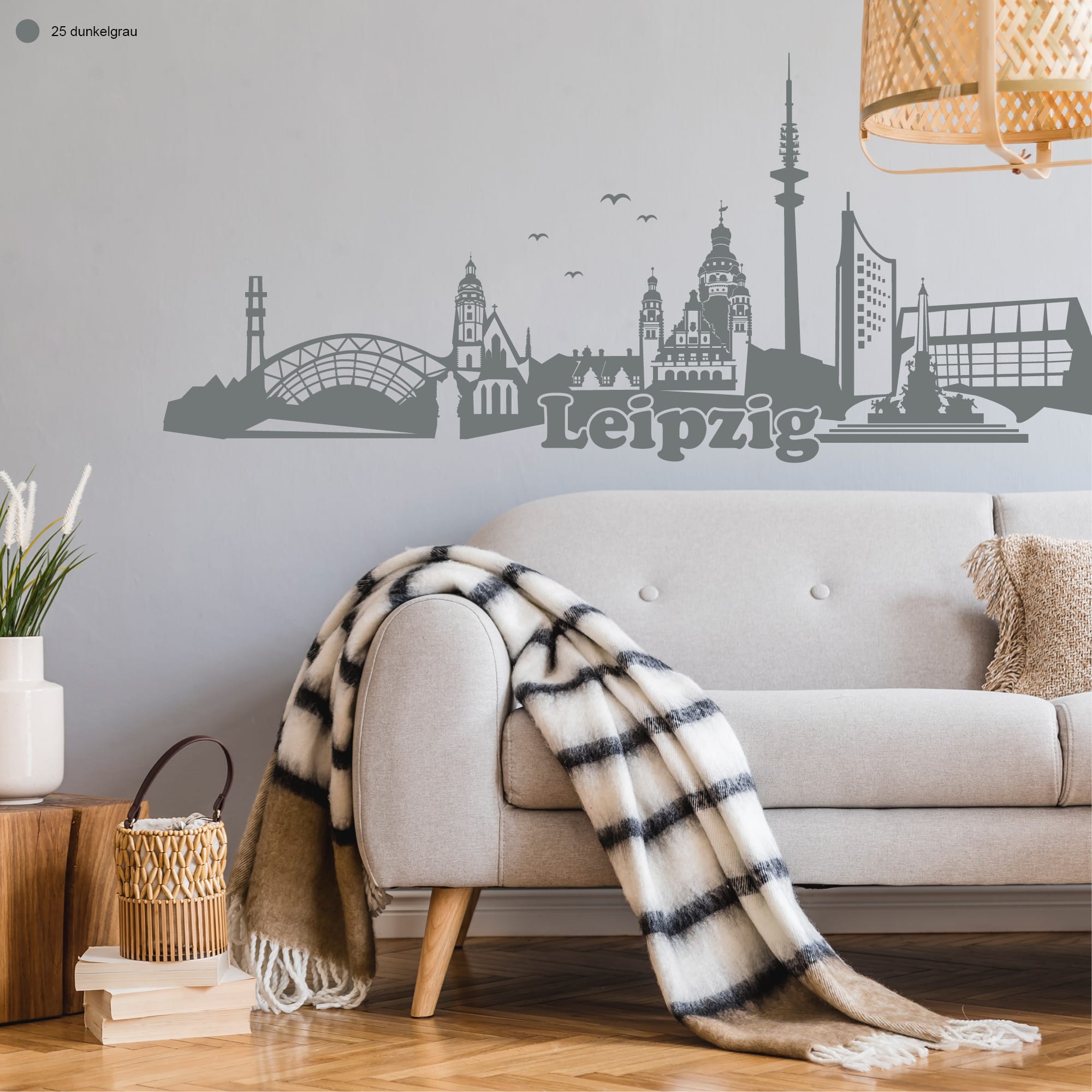 Auf dem Bild ist das Produkt: Wandtattoo Wandsticker Messestadt Leipzig Skyline Dekoration Heimat zum Preis von €29.90 abgebildet.