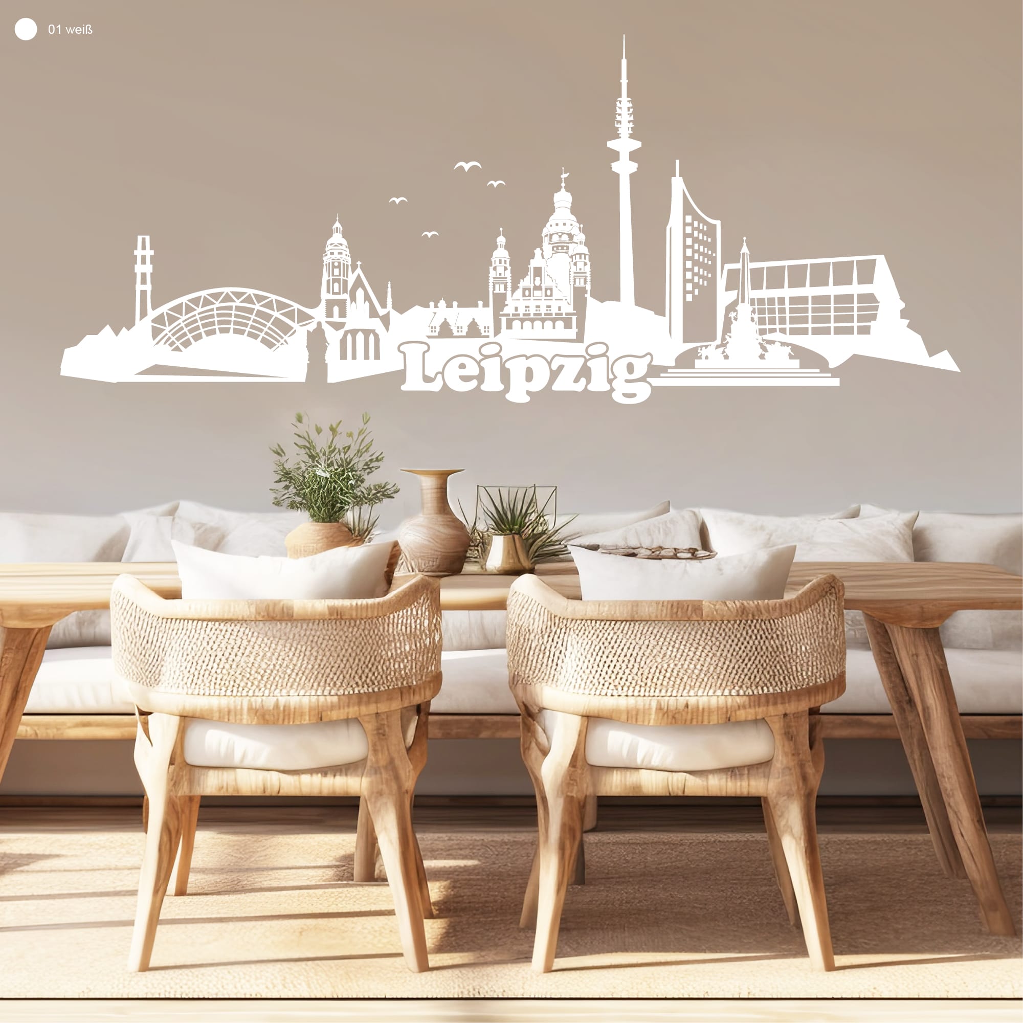 Auf dem Bild ist das Produkt: Wandtattoo Wandsticker Messestadt Leipzig Skyline Dekoration Heimat zum Preis von €29.90 abgebildet.