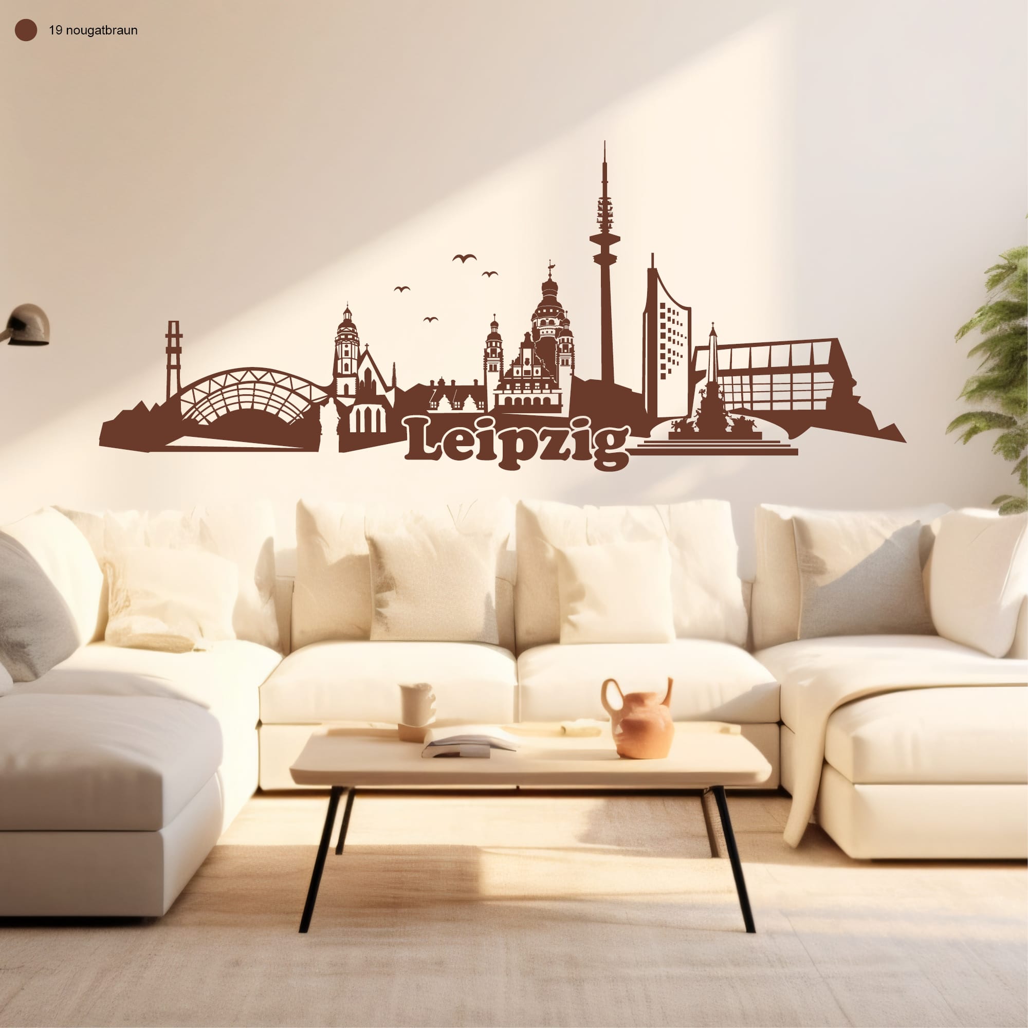 Auf dem Bild ist das Produkt: Wandtattoo Wandsticker Messestadt Leipzig Skyline Dekoration Heimat zum Preis von €29.90 abgebildet.