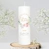 Auf dem Bild ist das Produkt: Hochzeitskerze Rosen Kranz weiße Kerze verziert mit einem Rahmen mit grünen Blättern und rosa Blüten, personalisiertes Geschenk Hochzeit zum Preis von €6.4 abgebildet.