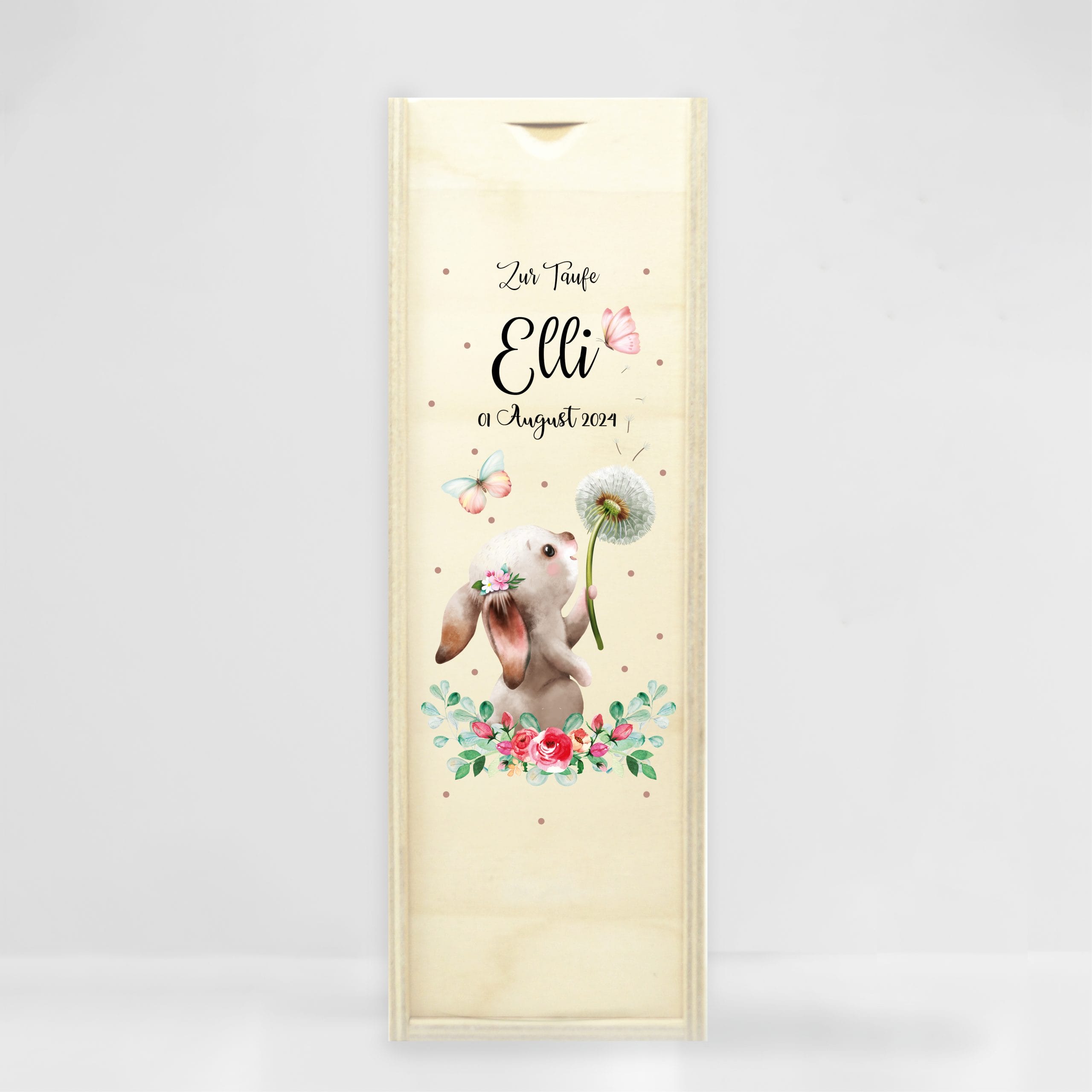 Auf dem Bild ist das Produkt: Taufkerze Junge Mädchen Hase Pusteblume mit Namen Datum und ggf. Taufspruch Kerze zur Taufe zum Preis von €5.9 abgebildet.