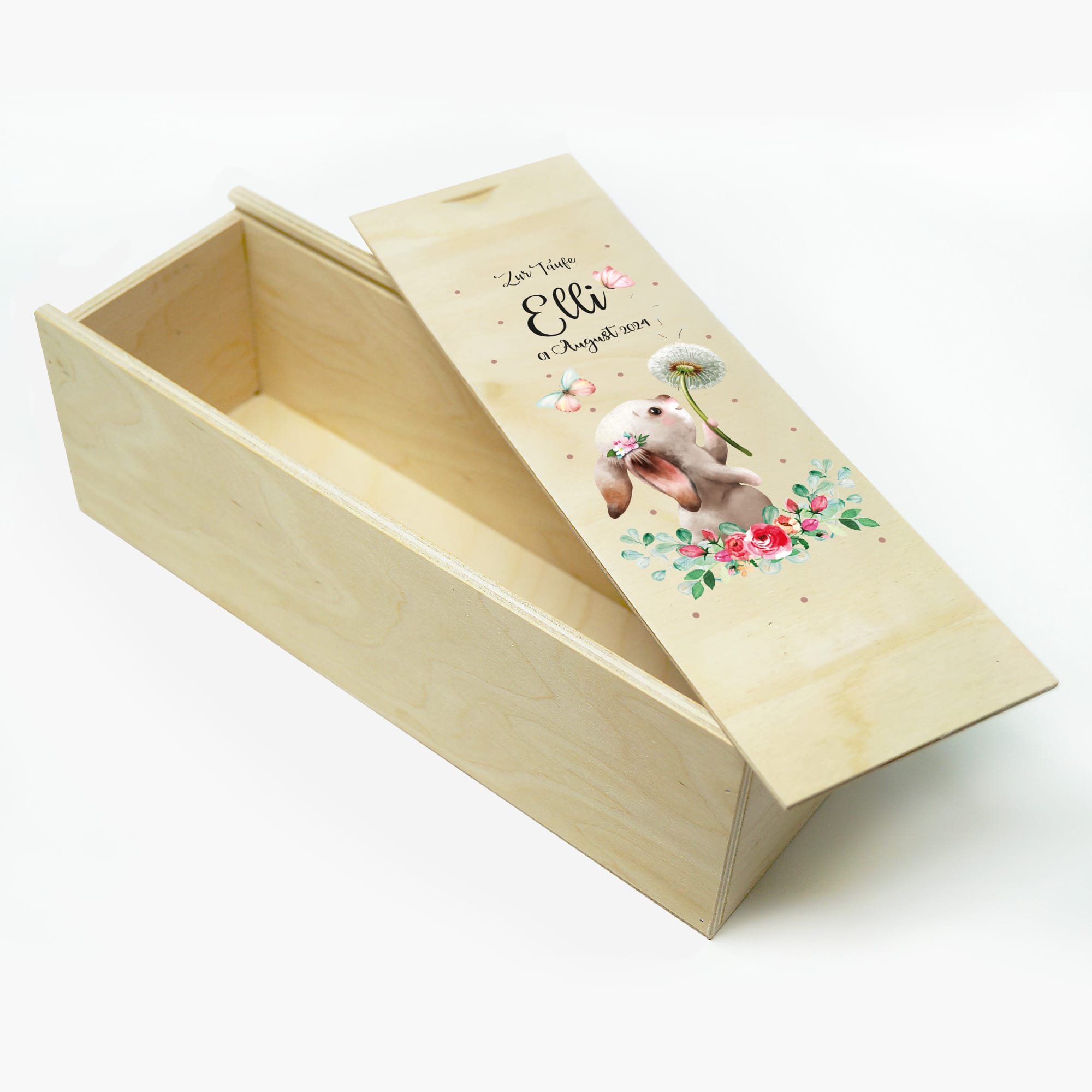 Auf dem Bild ist das Produkt: Taufkerze Junge Mädchen Hase Pusteblume mit Namen Datum und ggf. Taufspruch Kerze zur Taufe zum Preis von €5.9 abgebildet.