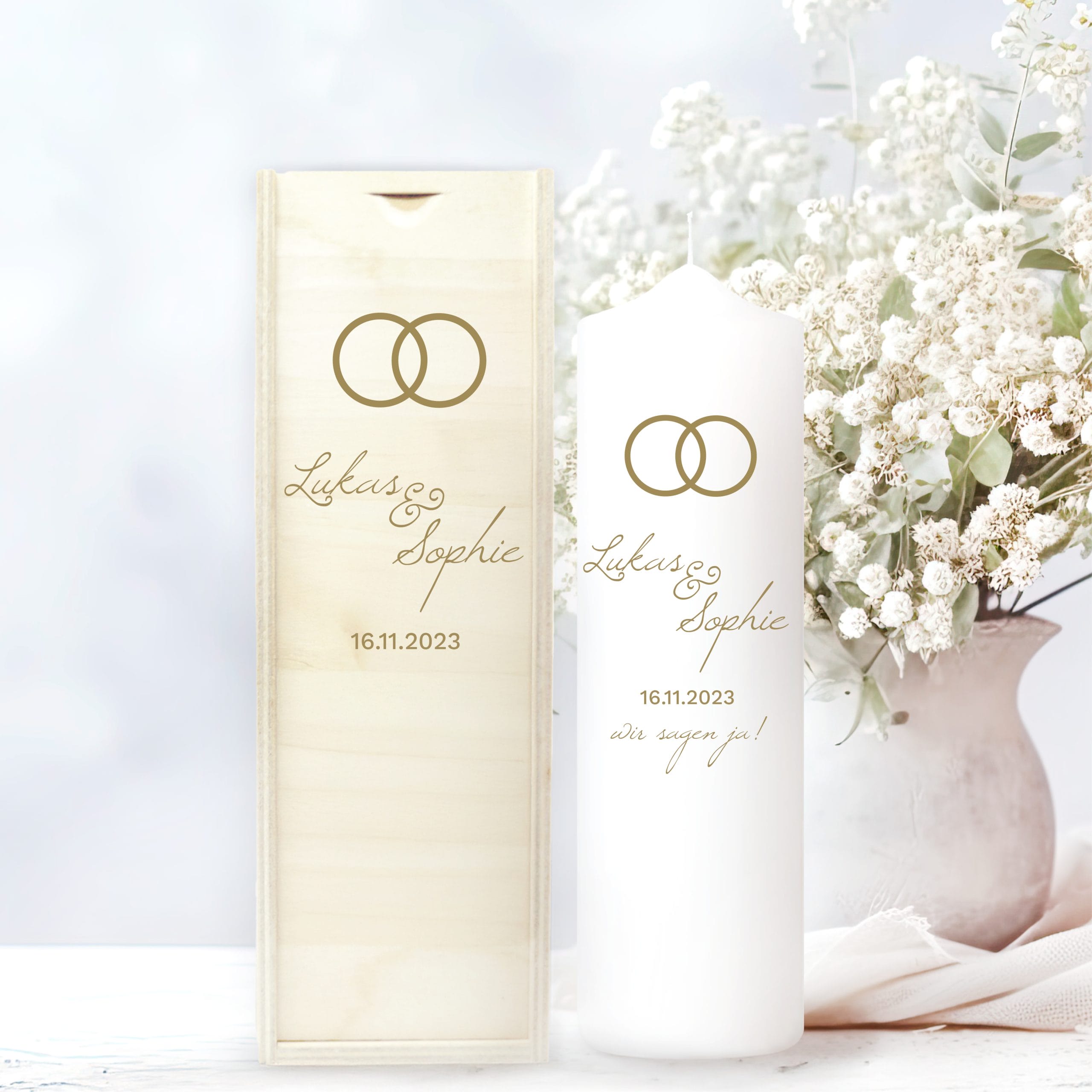 Weiße Hochzeitskerze Ringe personalisiert Hochzeitsgeschenk Wunschtext Valentinstagsgeschenk Hochzeit Jubiläum