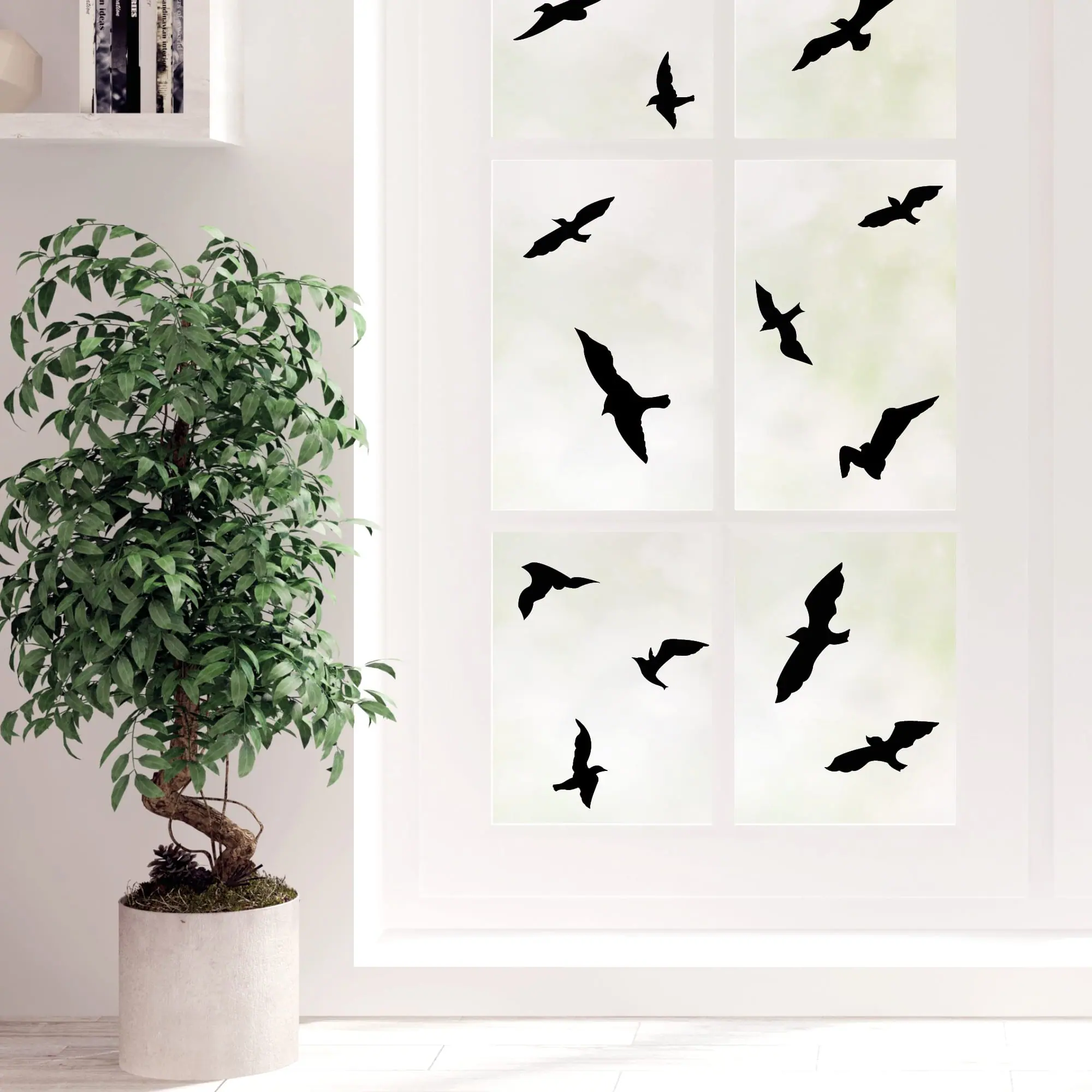 Auf dem Bild ist das Produkt: Fensteraufkleber 20 Vogelaufkleber für Fenster weiß schwarz Vogelschlag Vogelschutz Glastüren wiederverwendbar zum Preis von €13.90 abgebildet.