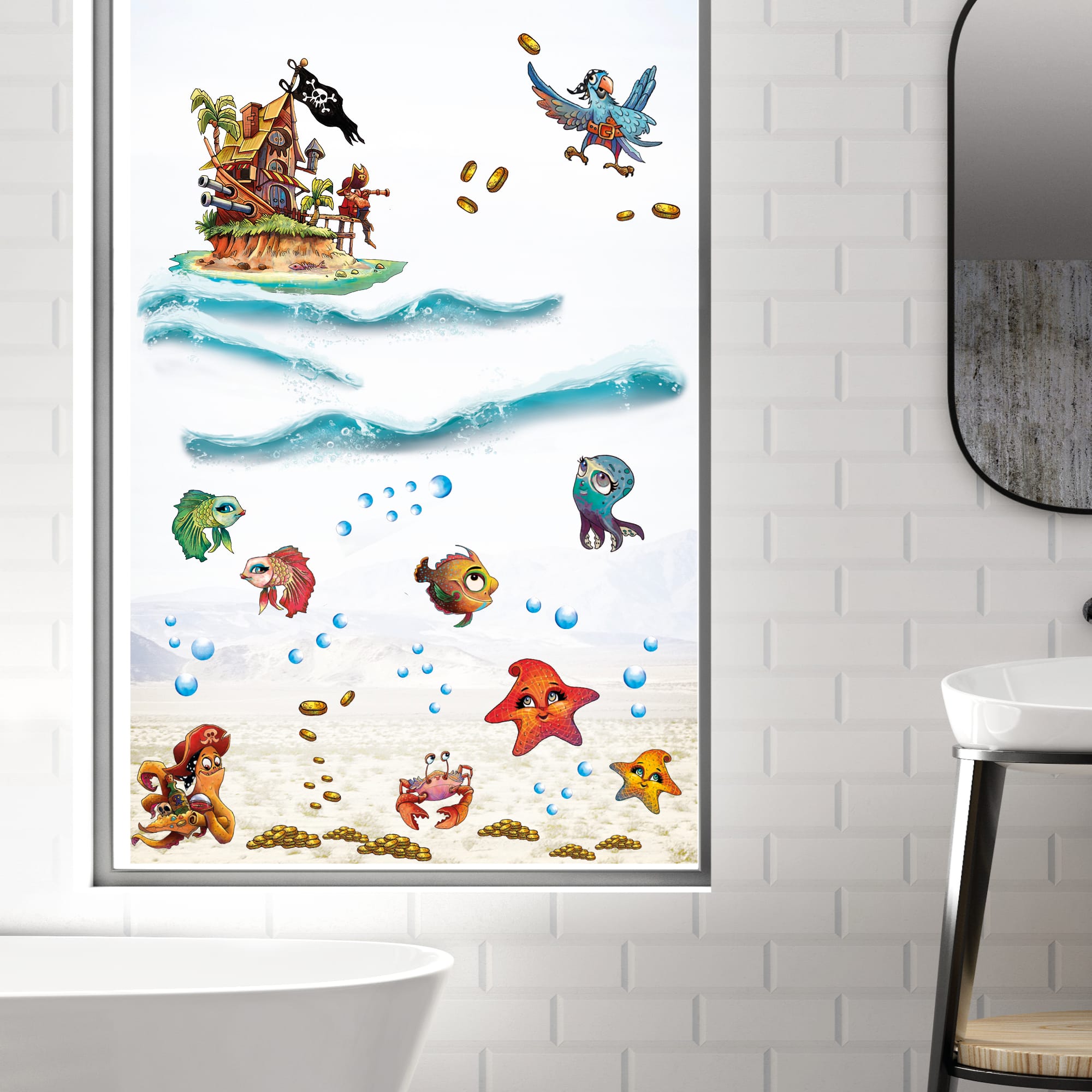Auf dem Bild ist das Produkt: Fensteraufkleber Fensterbild Kinderzimmer Unterwasserwelt Pirateninsel Piraten Meerjungfrau wiederverwendbare Fensterdekoration zum Preis von €22.90 abgebildet.