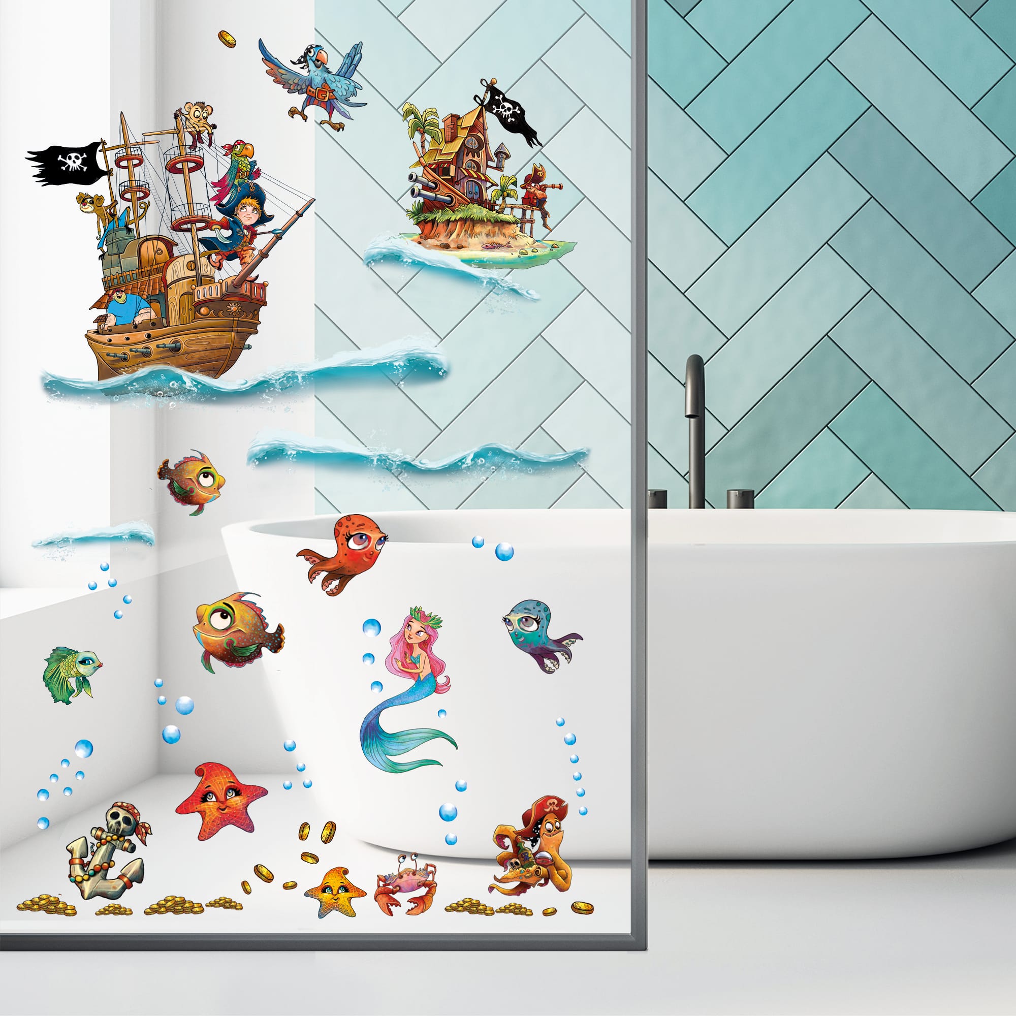 Auf dem Bild ist das Produkt: Fensteraufkleber Fensterbild Kinderzimmer Unterwasserwelt Pirateninsel Piraten Meerjungfrau wiederverwendbare Fensterdekoration zum Preis von €22.90 abgebildet.