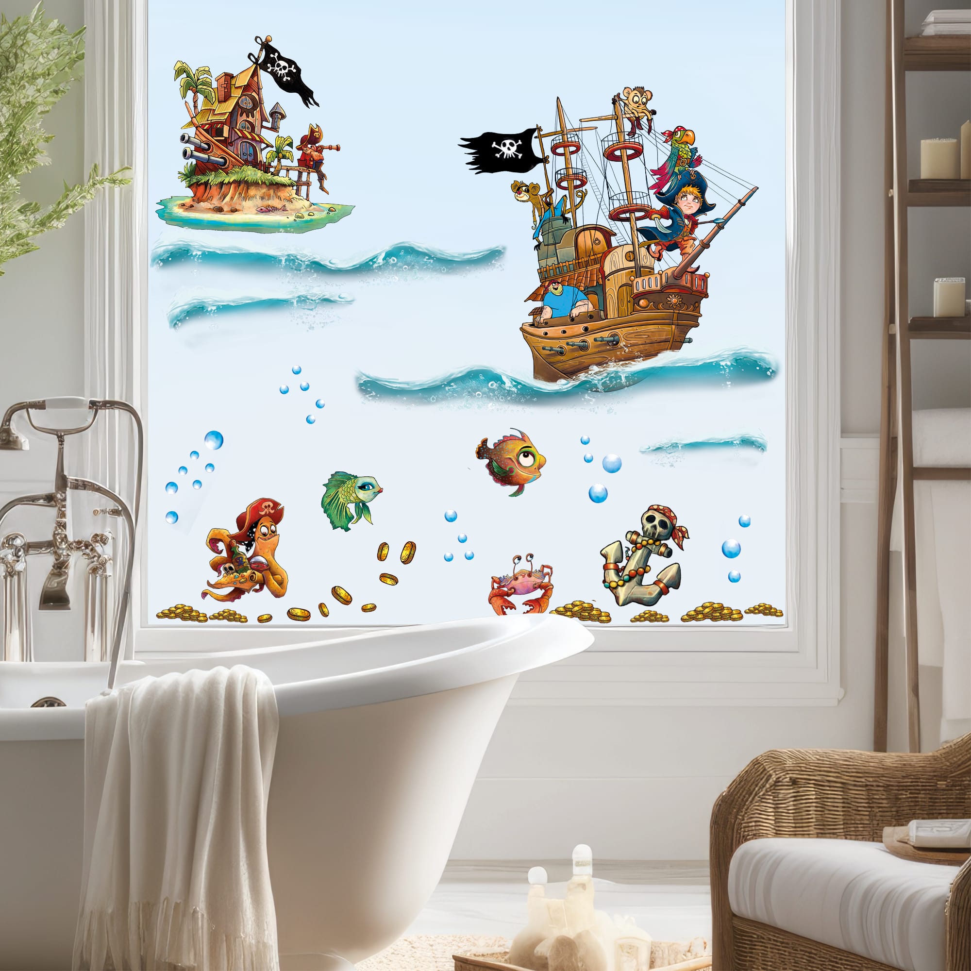 Auf dem Bild ist das Produkt: Fensteraufkleber Fensterbild Kinderzimmer Unterwasserwelt Pirateninsel Piraten Meerjungfrau wiederverwendbare Fensterdekoration zum Preis von €22.90 abgebildet.