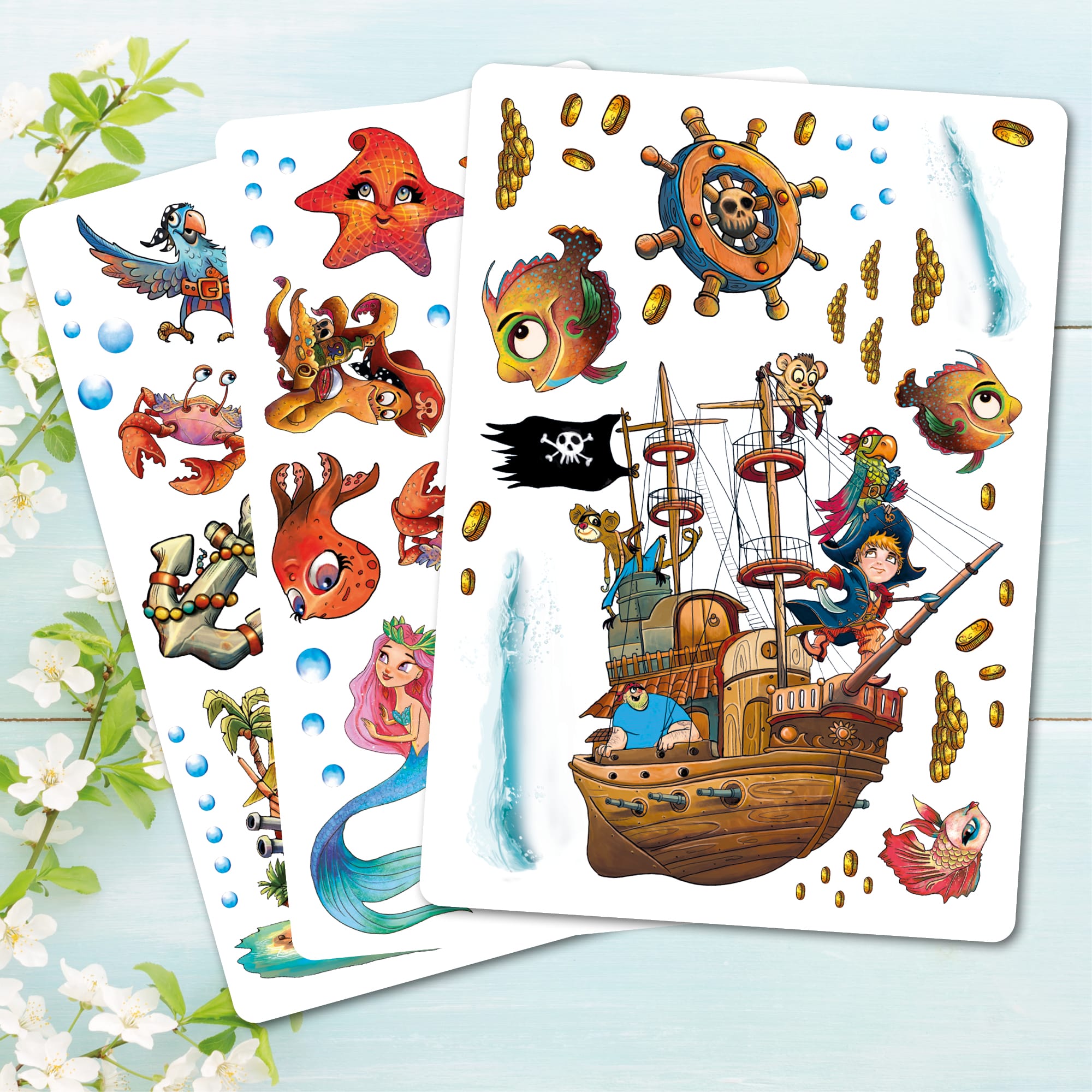 Auf dem Bild ist das Produkt: Fensteraufkleber Fensterbild Kinderzimmer Unterwasserwelt Pirateninsel Piraten Meerjungfrau wiederverwendbare Fensterdekoration zum Preis von €22.90 abgebildet.