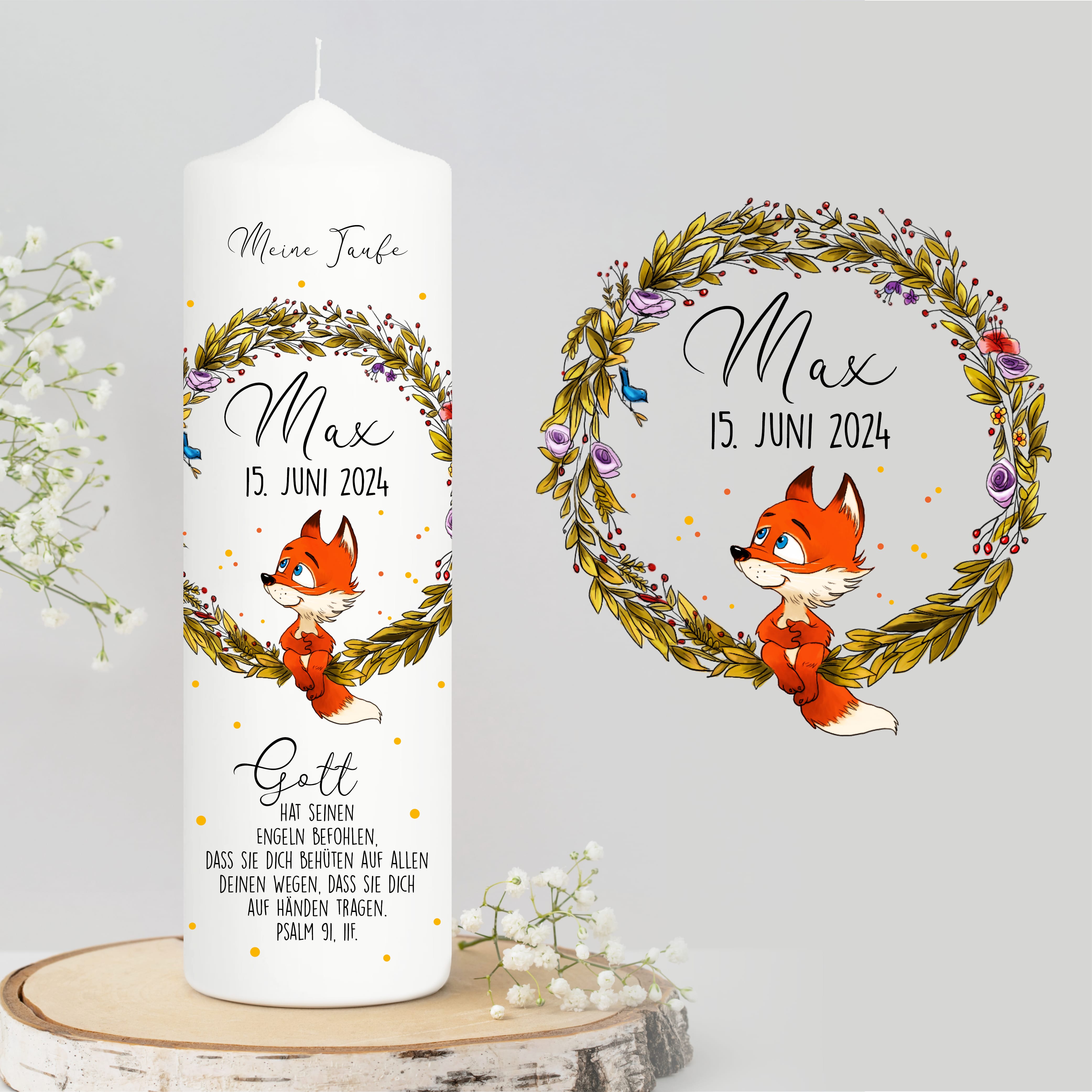 Auf dem Bild ist das Produkt: Taufkerze Kerze zur Taufe oder Geburt personalisiert Blumenkranz Fuchs mit Name Datum Taufspruch zum Preis von €5.90 abgebildet.