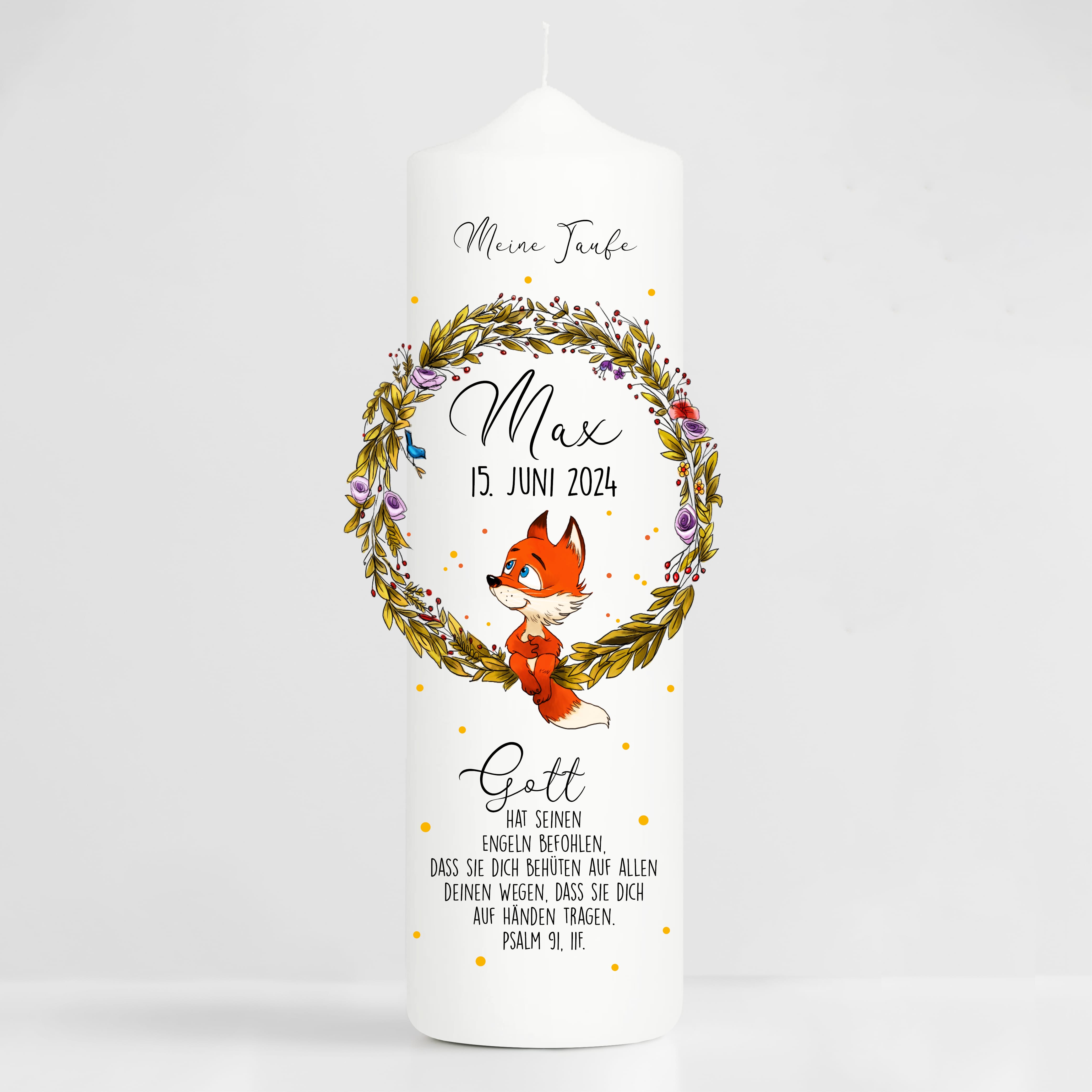 Auf dem Bild ist das Produkt: Taufkerze Kerze zur Taufe oder Geburt personalisiert Blumenkranz Fuchs mit Name Datum Taufspruch zum Preis von €5.90 abgebildet.