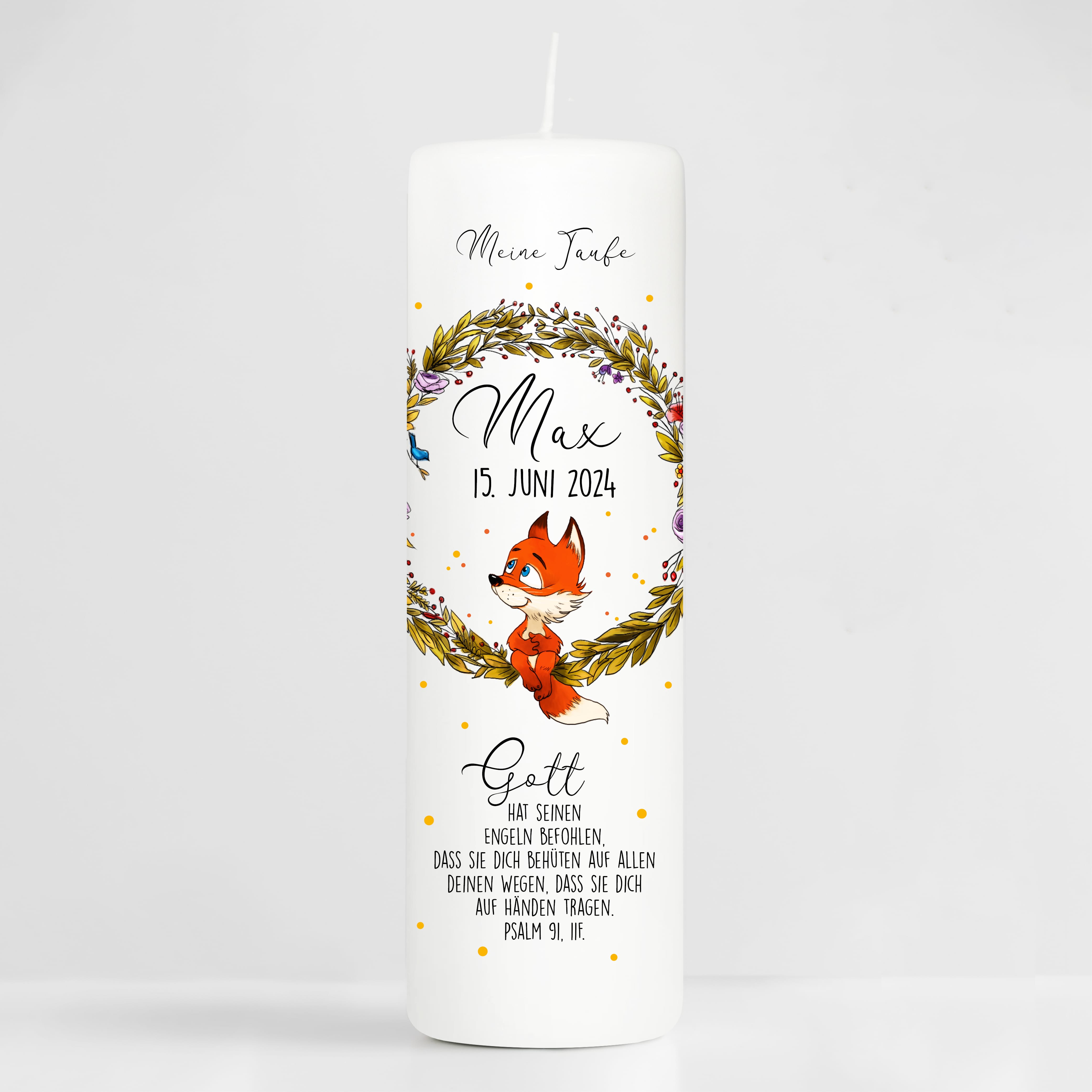 Auf dem Bild ist das Produkt: Taufkerze Kerze zur Taufe oder Geburt personalisiert Blumenkranz Fuchs mit Name Datum Taufspruch zum Preis von €5.90 abgebildet.