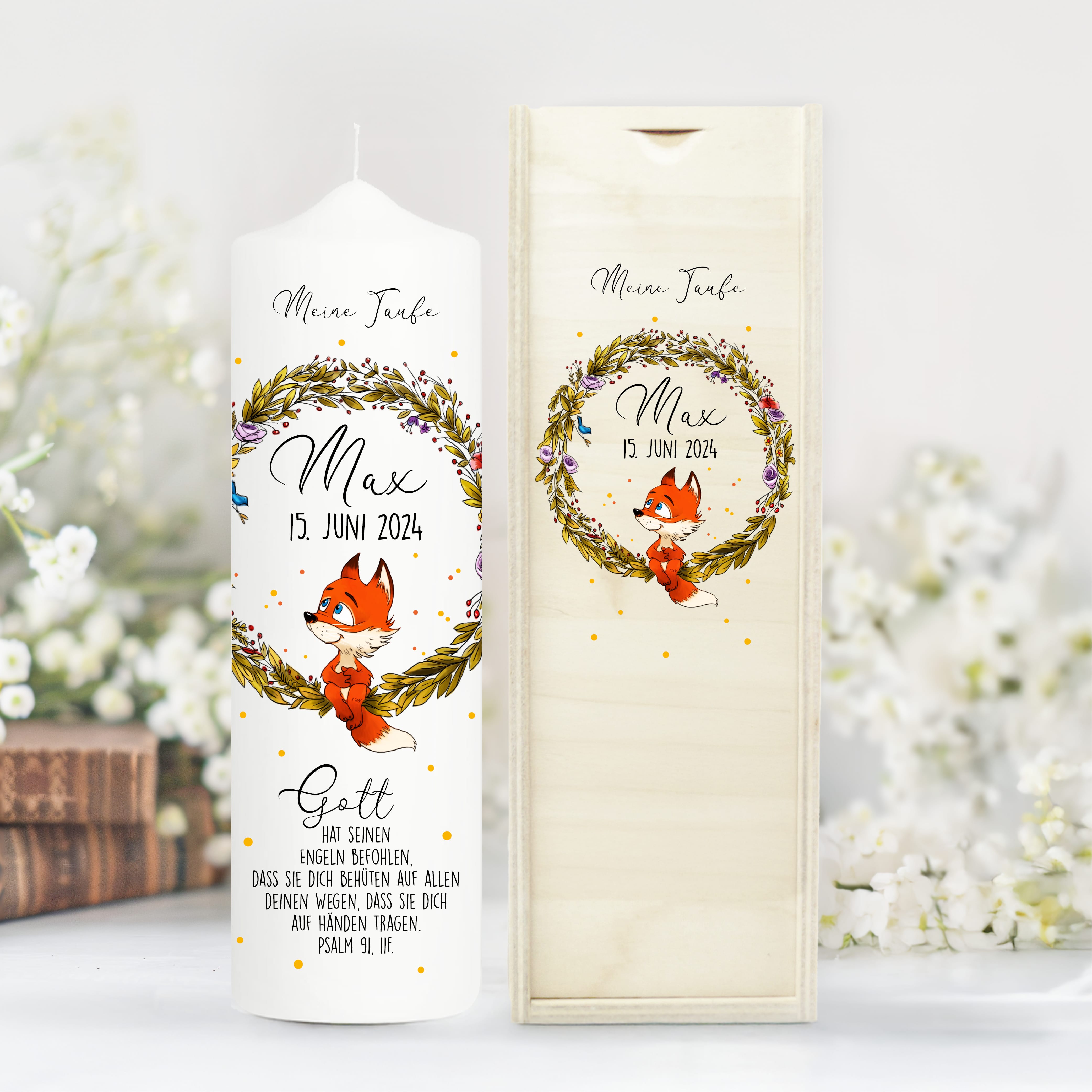 Taufkerze Kerze zur Taufe oder Geburt personalisiert Blumenkranz Fuchs mit Name Datum Taufspruch