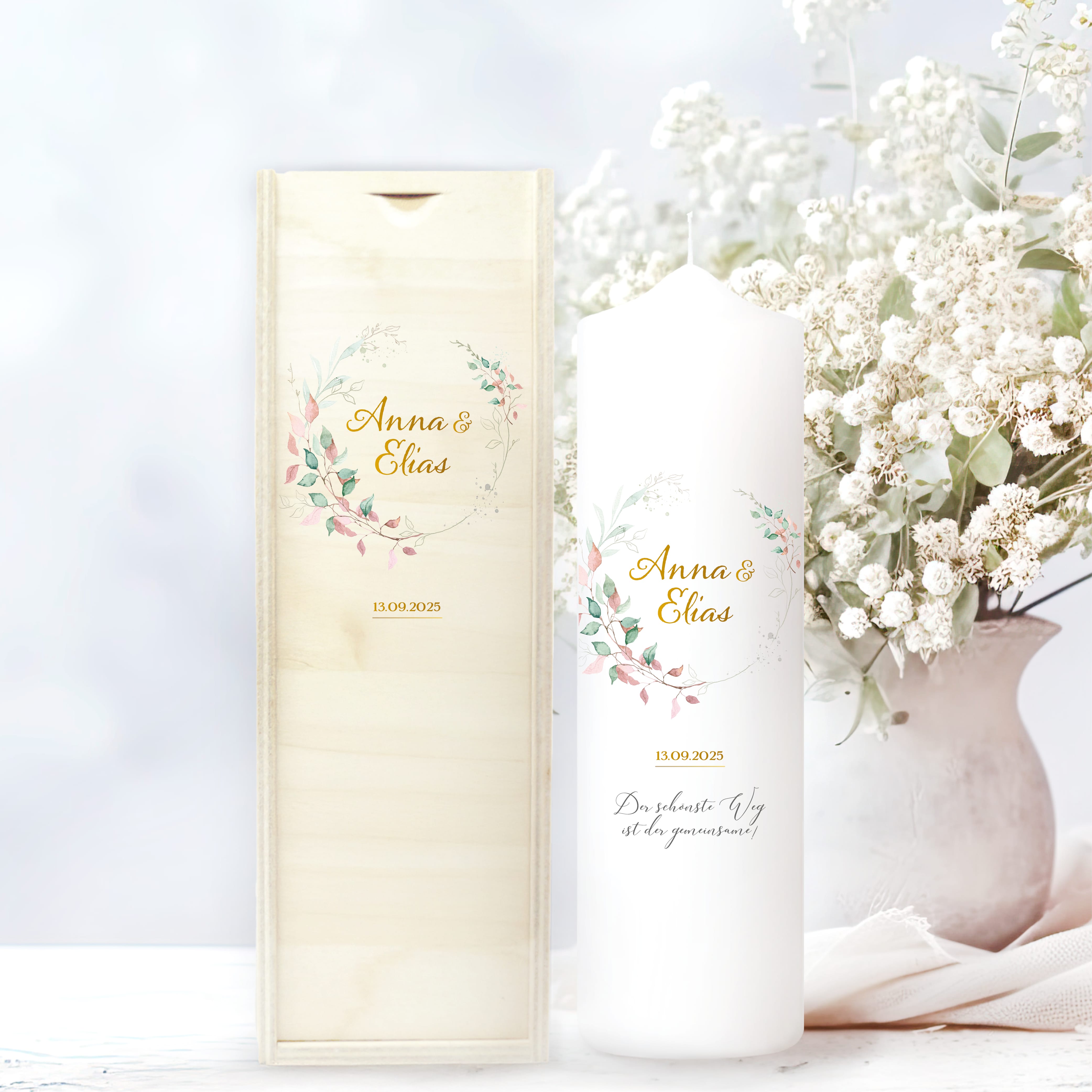 Hochzeitskerze Hochzeitstag verziert mit Rahmen aus grünen und rosa Blättern personalisiertes Geschenk Kerze Hochzeit Jubiläum