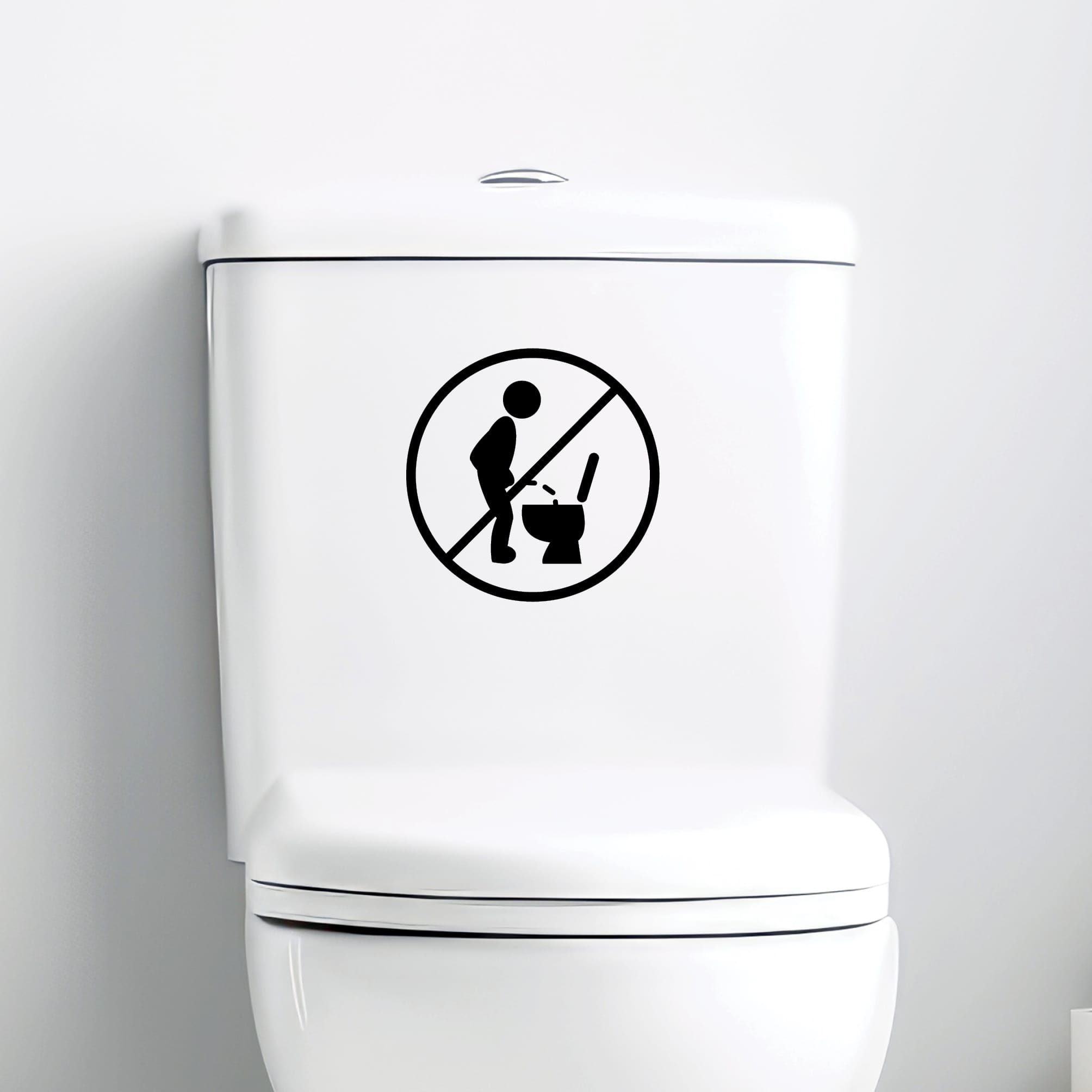Auf dem Bild ist das Produkt: WC Aufkleber Badezimmer Gäste-WC Nicht im Stehen pinkeln, 30 Farben, rückstandslos entfernbar, hochwertige Vinylfolie, WC Aufkleber Klodeckel zum Preis von €8.90 abgebildet.