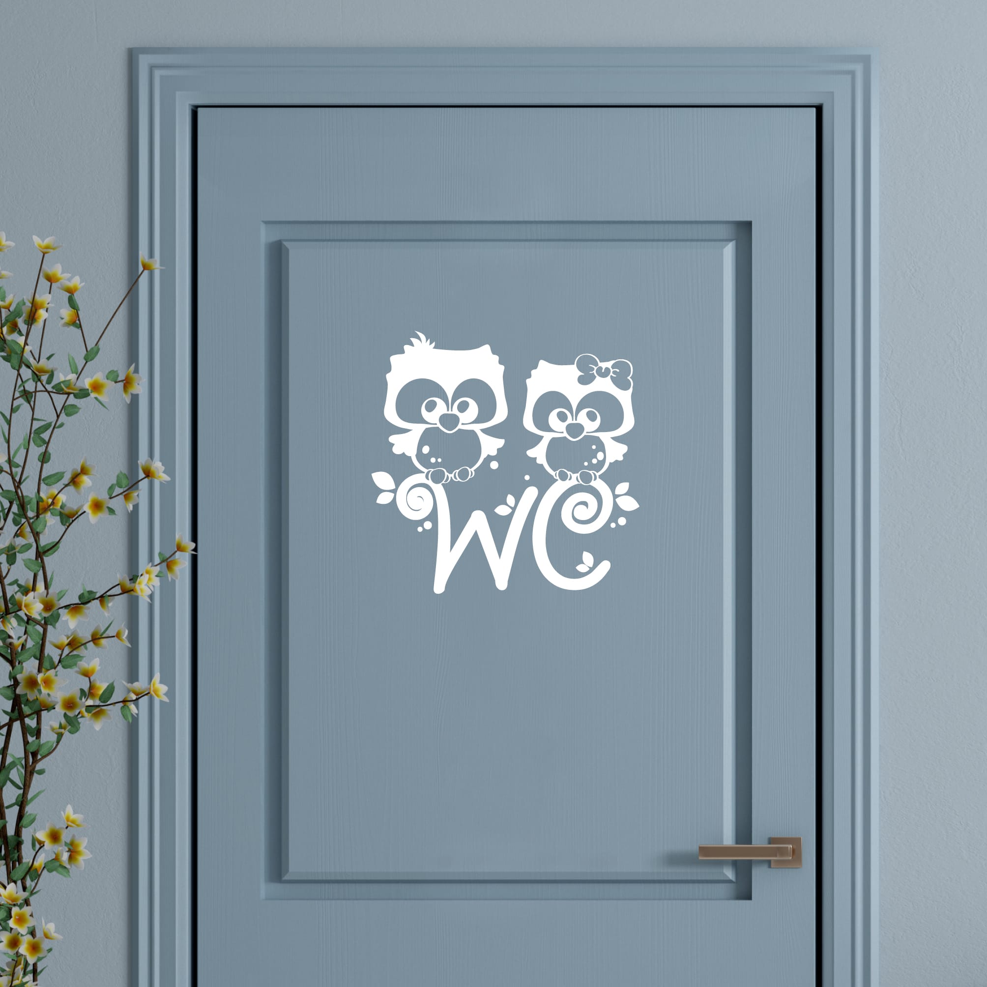 Auf dem Bild ist das Produkt: Türaufkleber Eulen Pärchen mit WC-Schriftzug, 30 Farben, selbstklebender Türsticker für Bad & Gäste-WC, rückstandslos entfernbar, hochwertige Vinylfolie, WC Aufkleber Tür, WC Schild zum Preis von €10.90 abgebildet.