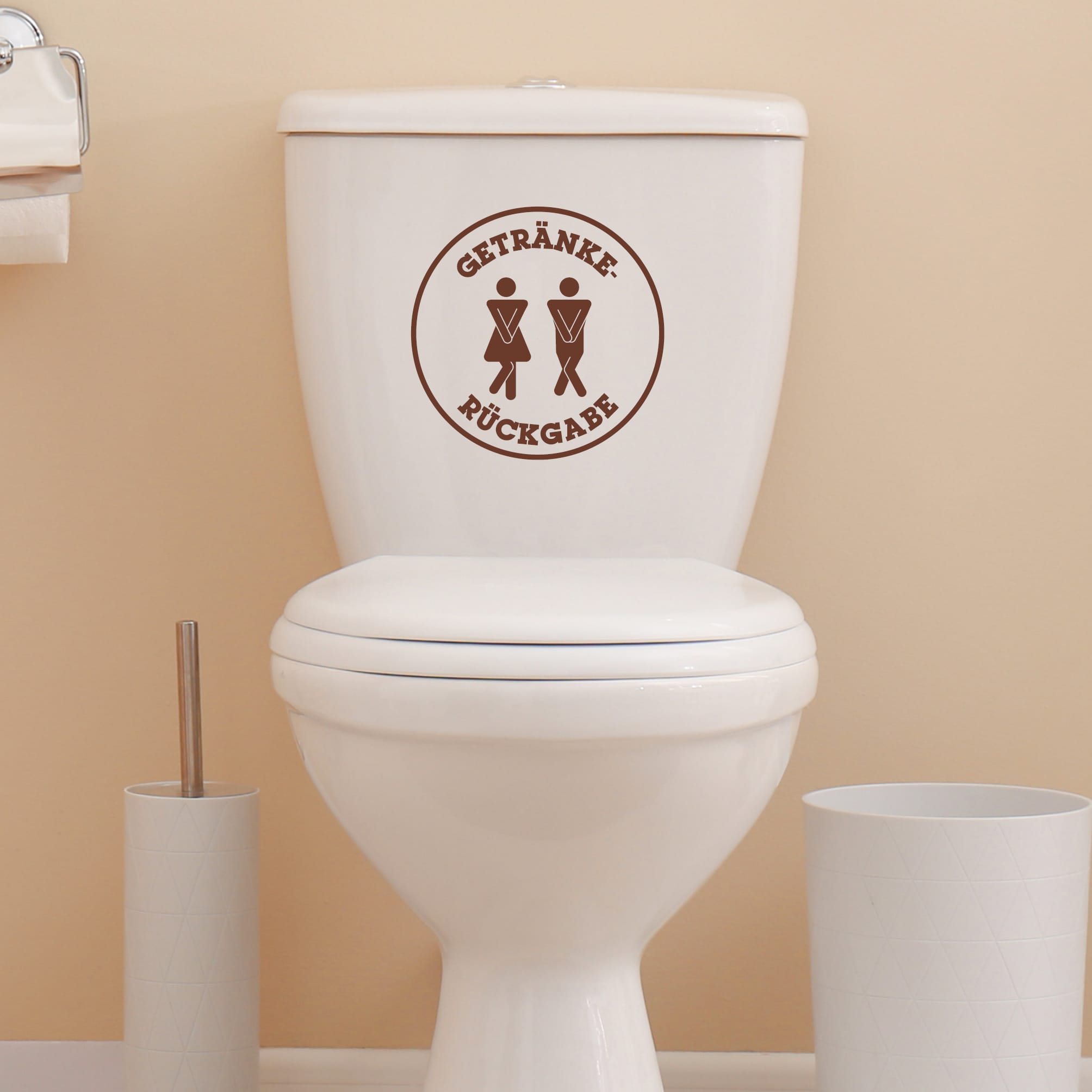 Auf dem Bild ist das Produkt: Türaufkleber “Getränkerückgabe” rund Motiv Mann Frau, 30 Farben, selbstklebender Türsticker für Bad & Gäste-WC, rückstandslos entfernbar zum Preis von €10.90 abgebildet.