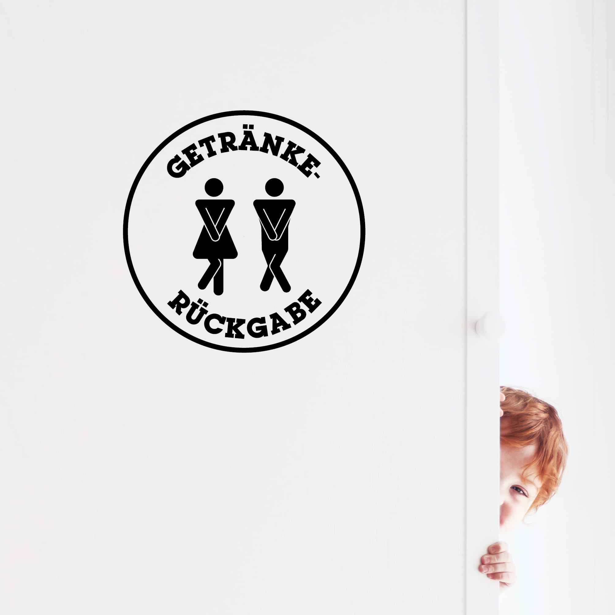 Auf dem Bild ist das Produkt: Türaufkleber “Getränkerückgabe” rund Motiv Mann Frau, 30 Farben, selbstklebender Türsticker für Bad & Gäste-WC, rückstandslos entfernbar zum Preis von €10.90 abgebildet.