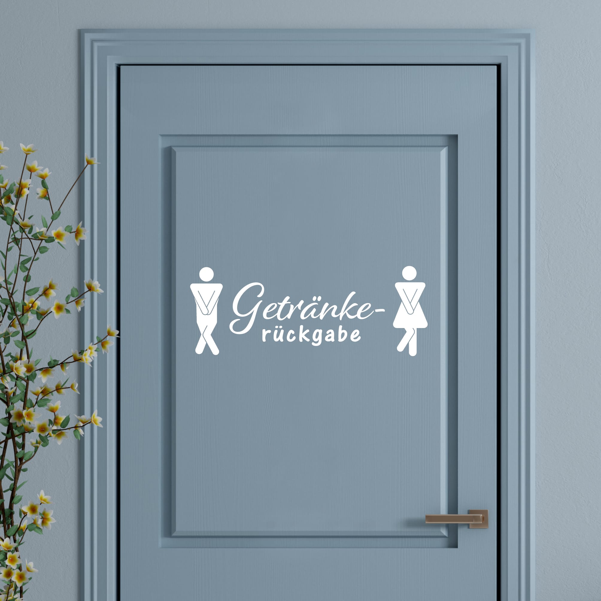 Auf dem Bild ist das Produkt: Türaufkleber “Getränkerückgabe” eckig Motiv Mann Frau, 30 Farben, selbstklebender Türsticker für Bad & Gäste-WC, rückstandslos entfernbar (Kopie) zum Preis von €14.90 abgebildet.