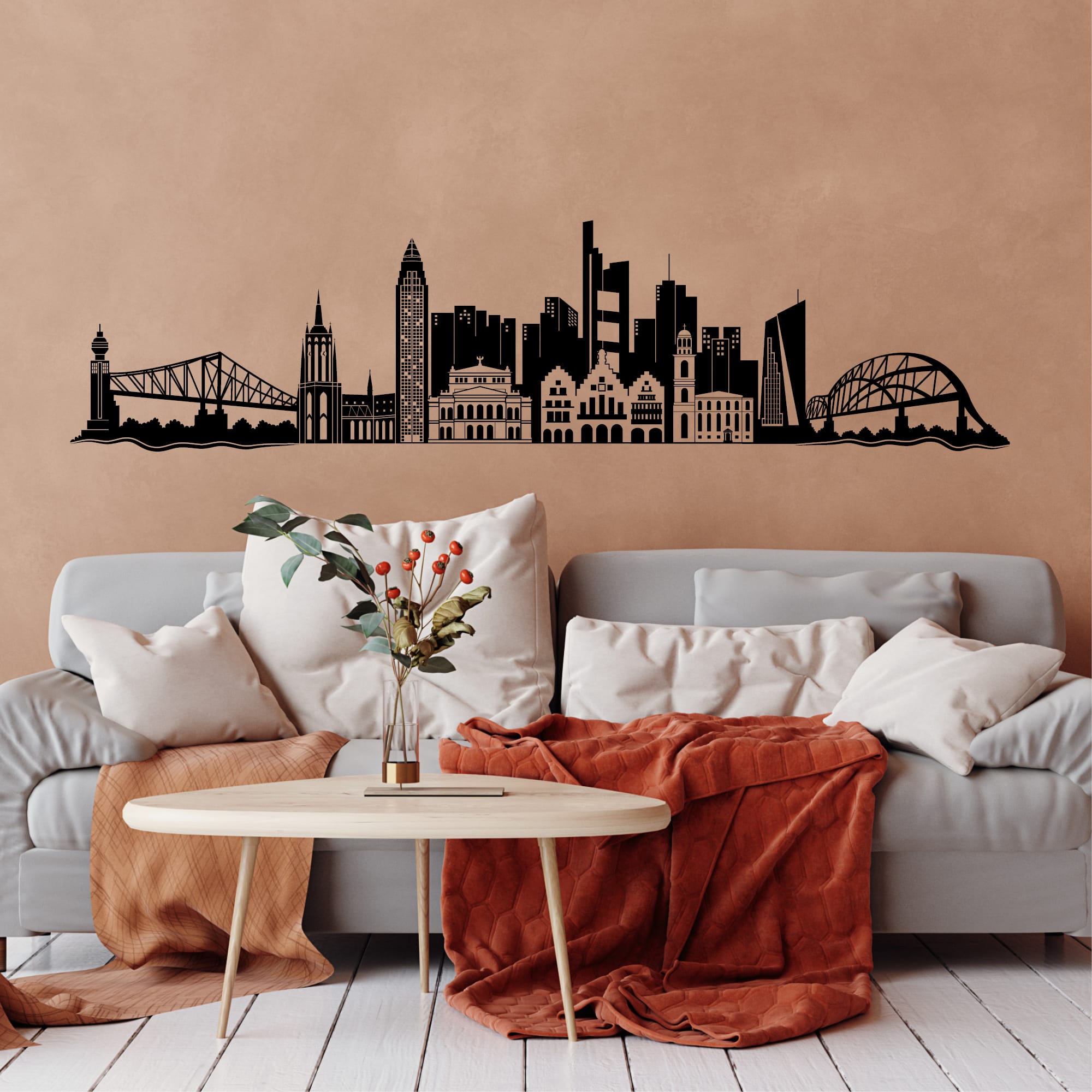 Auf dem Bild ist das Produkt: Wandtattoo Frankfurt Skyline Dekoration Wandaufkleber Fankfurt am Main Brücke Messeturm Kaiserdom Wohnzimmer zum Preis von €20.90 abgebildet.