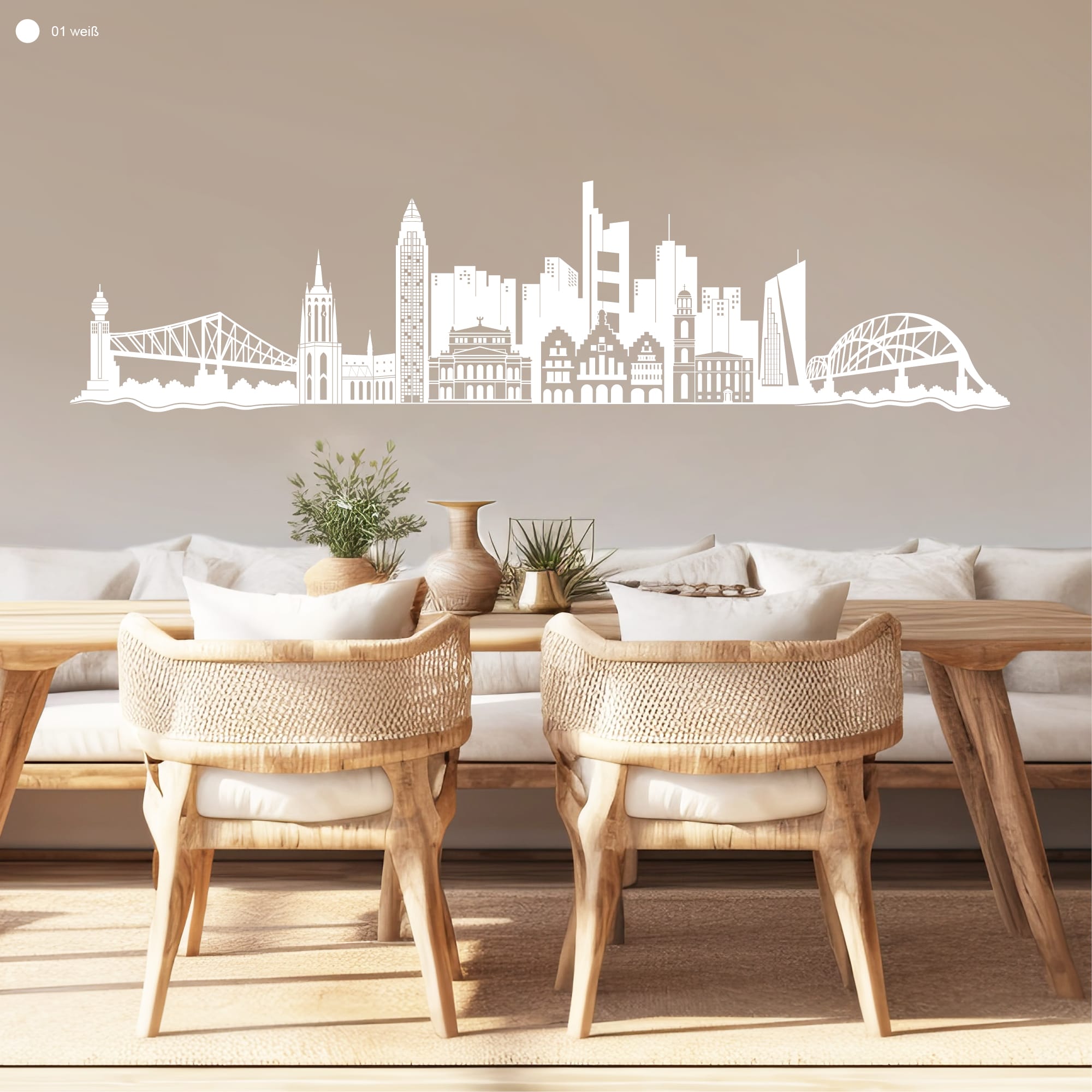 Auf dem Bild ist das Produkt: Wandtattoo Frankfurt Skyline Dekoration Wandaufkleber Fankfurt am Main Brücke Messeturm Kaiserdom Wohnzimmer zum Preis von €20.90 abgebildet.