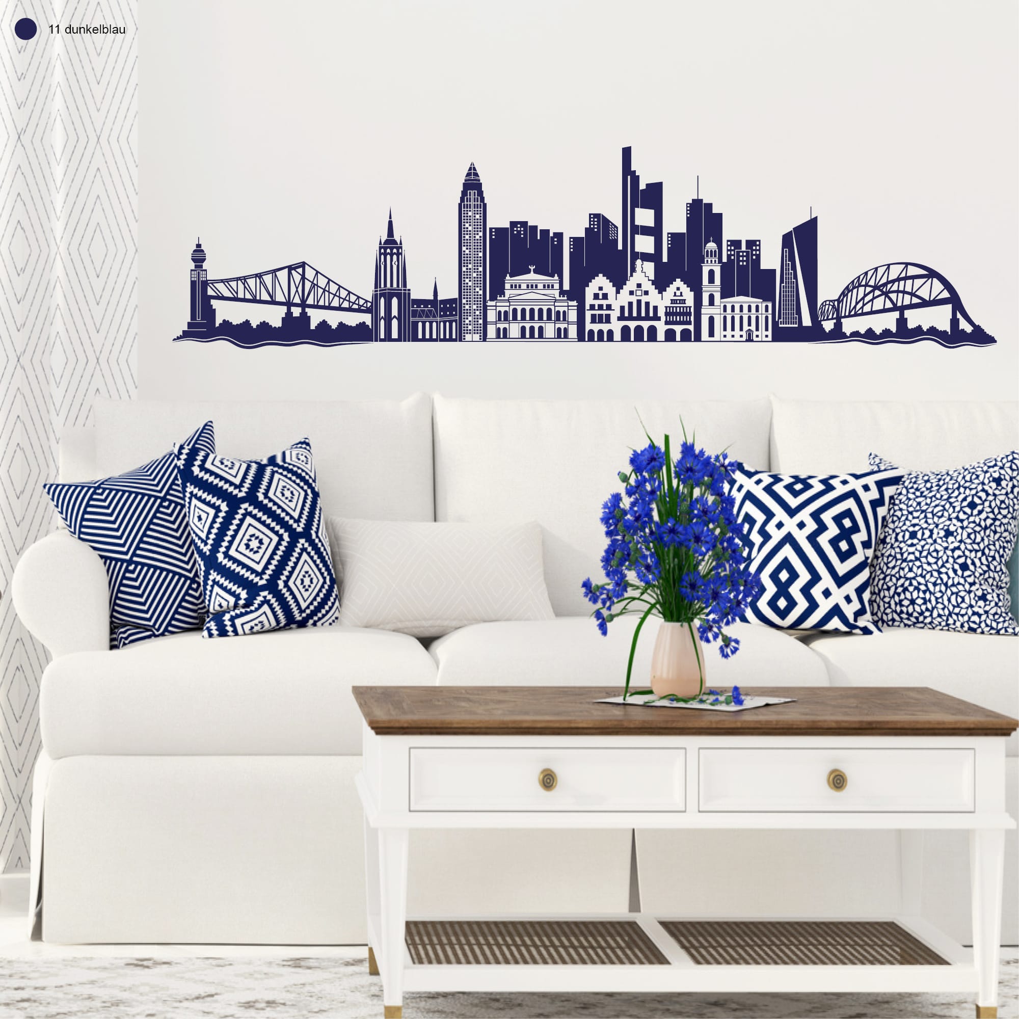 Auf dem Bild ist das Produkt: Wandtattoo Frankfurt Skyline Dekoration Wandaufkleber Fankfurt am Main Brücke Messeturm Kaiserdom Wohnzimmer zum Preis von €20.90 abgebildet.