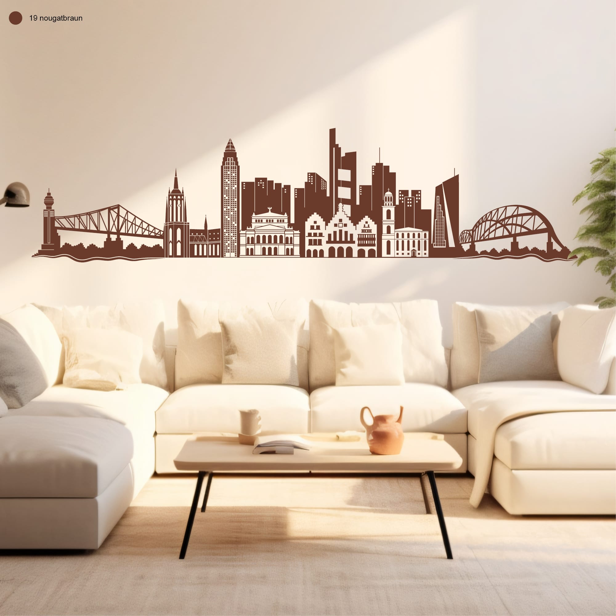 Auf dem Bild ist das Produkt: Wandtattoo Frankfurt Skyline Dekoration Wandaufkleber Fankfurt am Main Brücke Messeturm Kaiserdom Wohnzimmer zum Preis von €20.90 abgebildet.