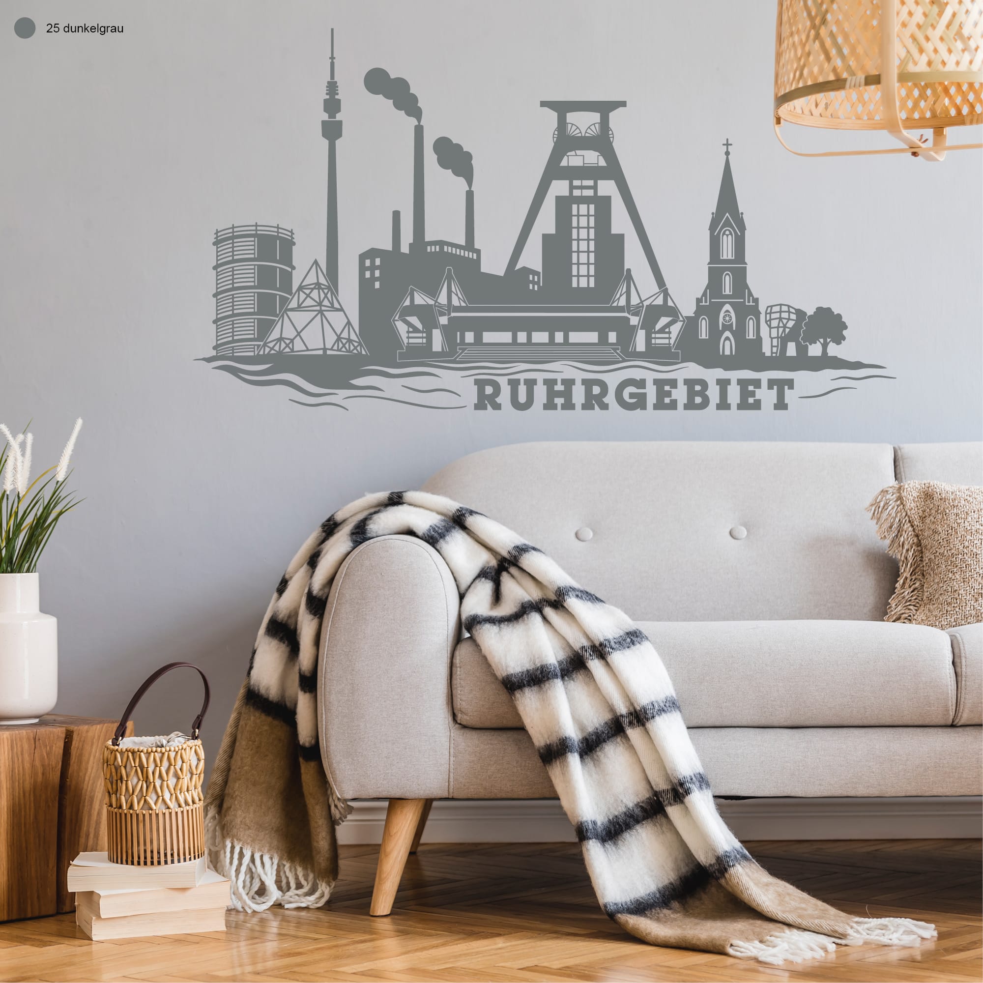 Auf dem Bild ist das Produkt: Wandtattoo Skyline Ruhrgebiet Ruhrpott Industriekultur Zeche Gasometer NRW Dortmund Bochum Essen Hamm Wandaufkleber Heimat Heimatliebe zum Preis von €16.90 abgebildet.