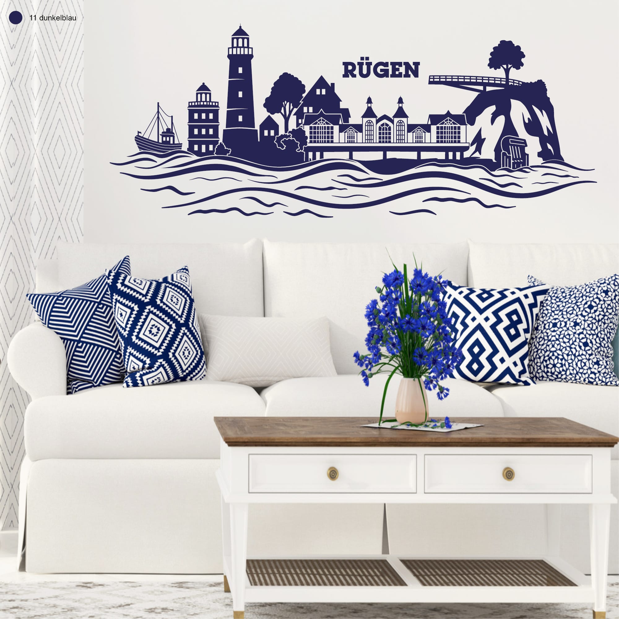 Auf dem Bild ist das Produkt: Wandtattoo Skyline Insel Rügen Ostsee Leuchtturm Kap Arkona Steilküste Kreidefelsen maritim Wandaufkleber Heimat Heimatliebe zum Preis von €16.90 abgebildet.