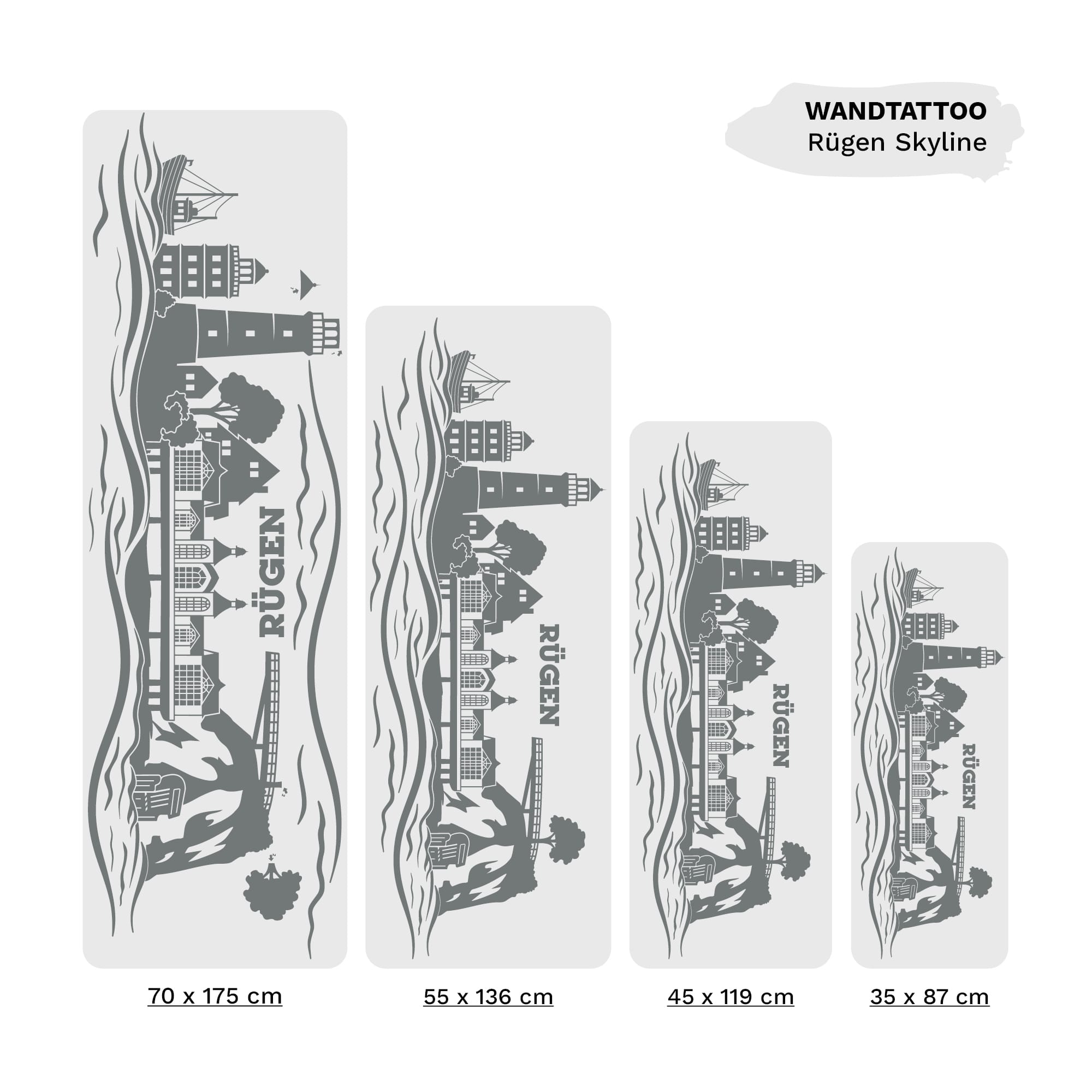 Auf dem Bild ist das Produkt: Wandtattoo Skyline Insel Rügen Ostsee Leuchtturm Kap Arkona Steilküste Kreidefelsen maritim Wandaufkleber Heimat Heimatliebe zum Preis von €16.90 abgebildet.