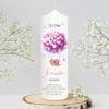 Auf dem Bild ist das Produkt: Taufkerze Heißluftballon Blumen Junge Mädchen Waschbär Hase rosa blau bedruckt mit Namen Datum und auf Wunsch eigenem, vorgegebenem oder keinem Taufspruch zum Preis von €6.40 abgebildet.